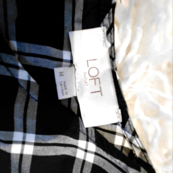 Loft Black White Check Blouse Ruffle Long Sleeve - Picture 6 of 8